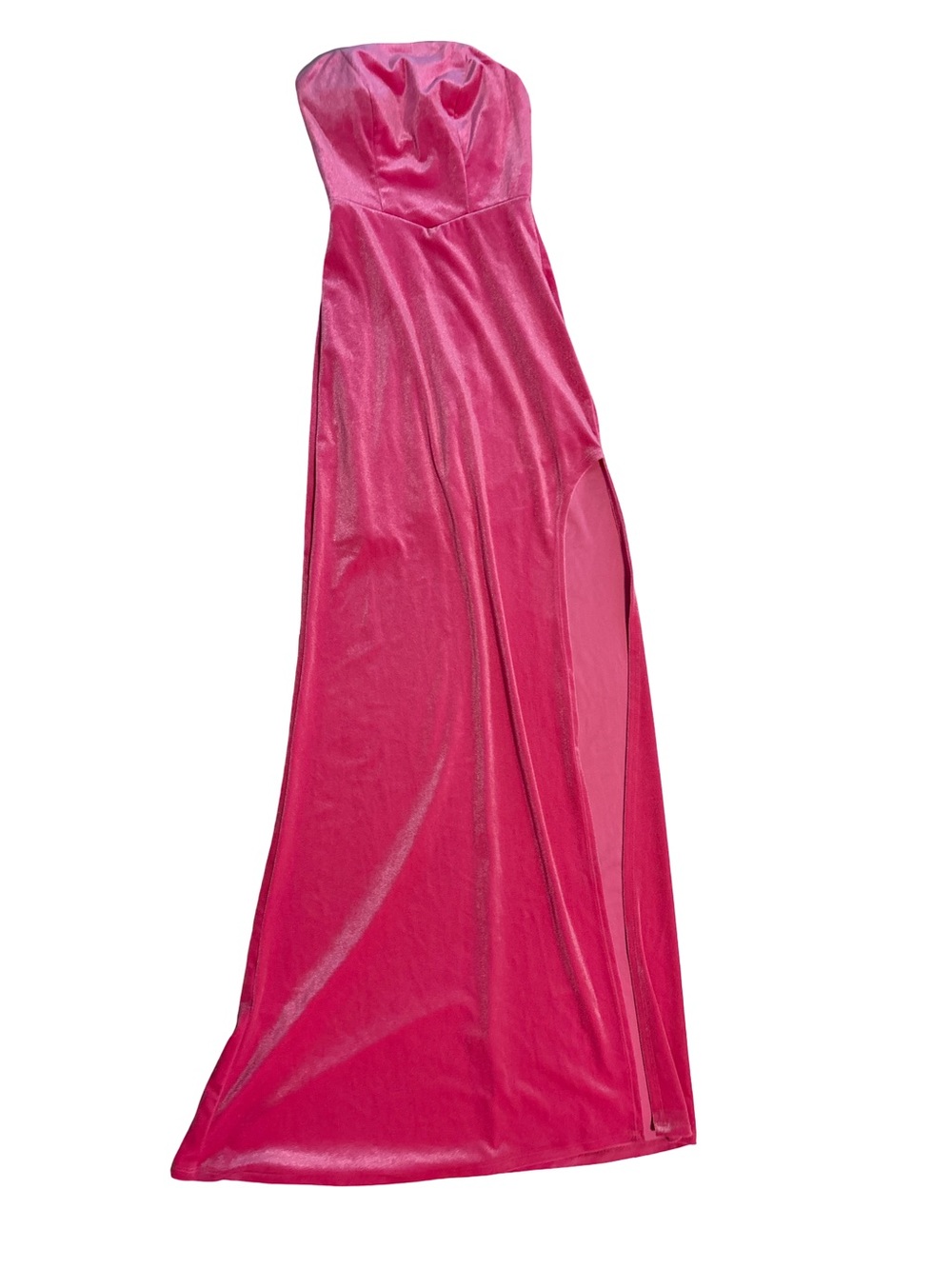 Strapless Hot Pink Velvet Evening Gown with Side Slit